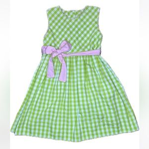 Delaney- Lime Green & White Gingham w/ Pink Bow- Easter Dress- SIZE 6X